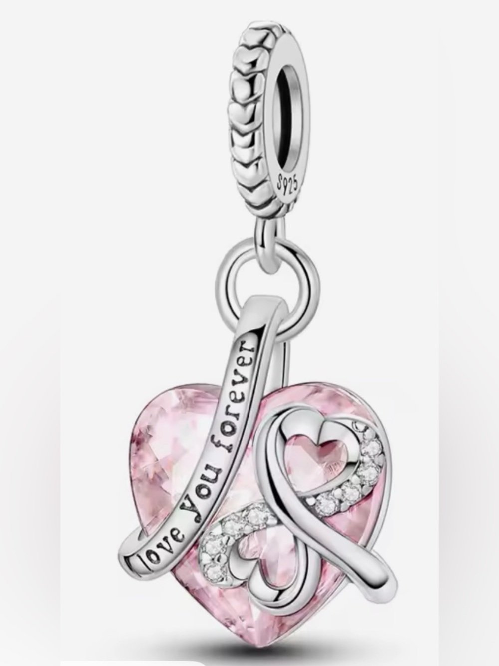 Silver & Pink Dangle Heart “Love You Forever” Charm